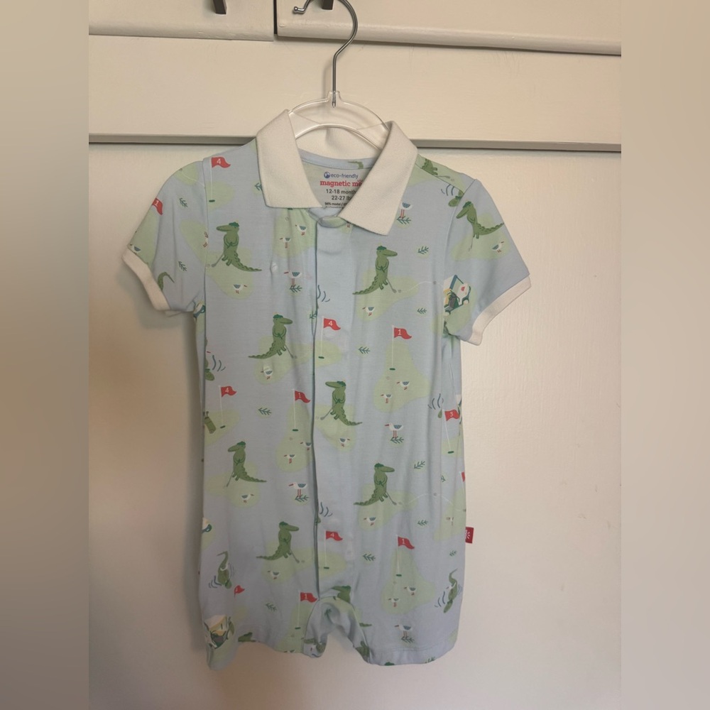 Magnetic Me Light Blue Dinosaur Golfer Baby Romper